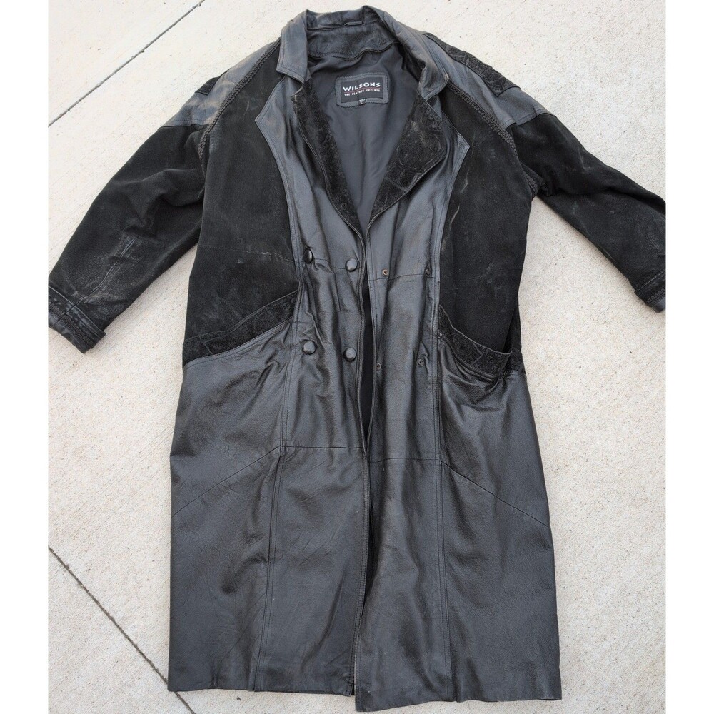 Vintage Womens Wilson Double Breasted Suede Paisley Leather Long Jacket 80s L - Picture 2 of 13